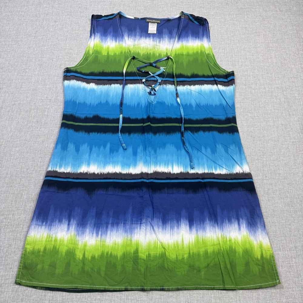 Tommy Bahama Dress Women Medium Blue Green Striped Tank Dress V-Neck Tie Strappy